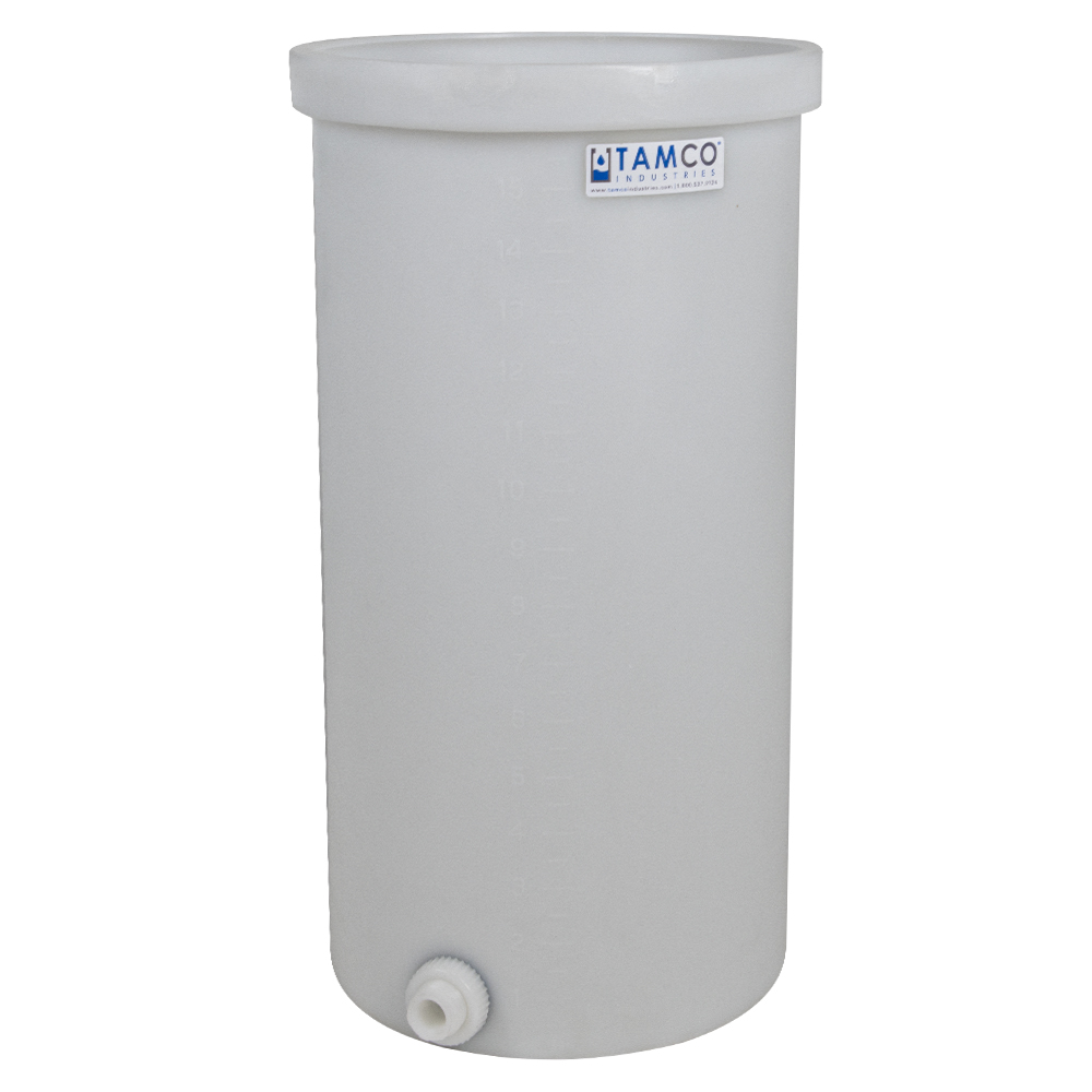 15 Gallon Natural LLDPE Cylindrical Tamco® Standard Wall Graduated Tank with External Flange & 3/4" FNPT Polypropylene Bulkhead - 14" Dia. x 27" Hgt. (Cover Sold Separately)