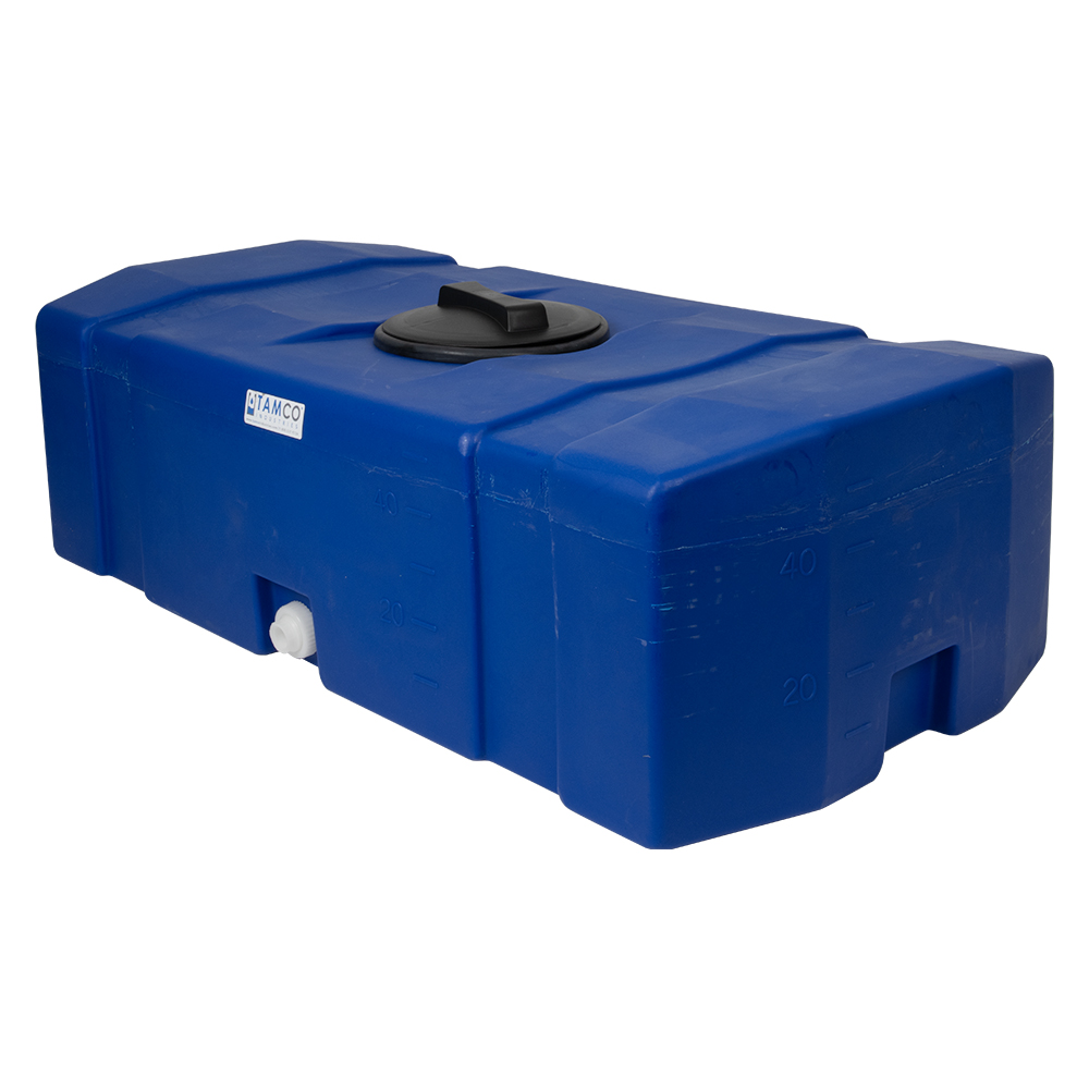 100 Gallon Blue LLDPE Tamco® Rectangular Low-Profile Graduated Tank with 8" Vented Lid & 3/4" End Fitting - 46" L x 32" W x 19-1/2" Hgt.