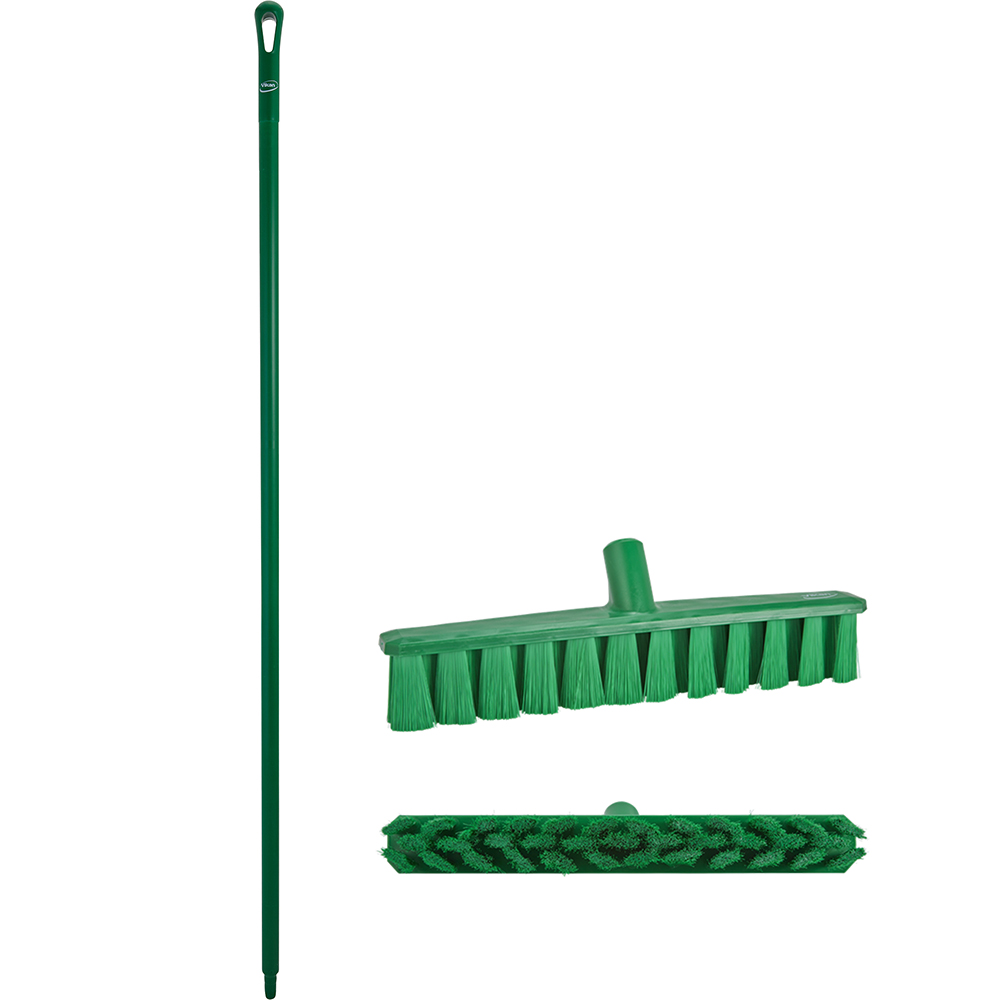 15.7" Green Polypropylene Vikan® UST Push Broom with Soft Bristles & 66.9" Green Ultra Hygienic Handle