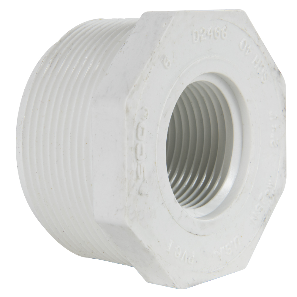 2" MNPT x 1" FNPT Schedule 40 White PVC Threaded Reducing Bushing
