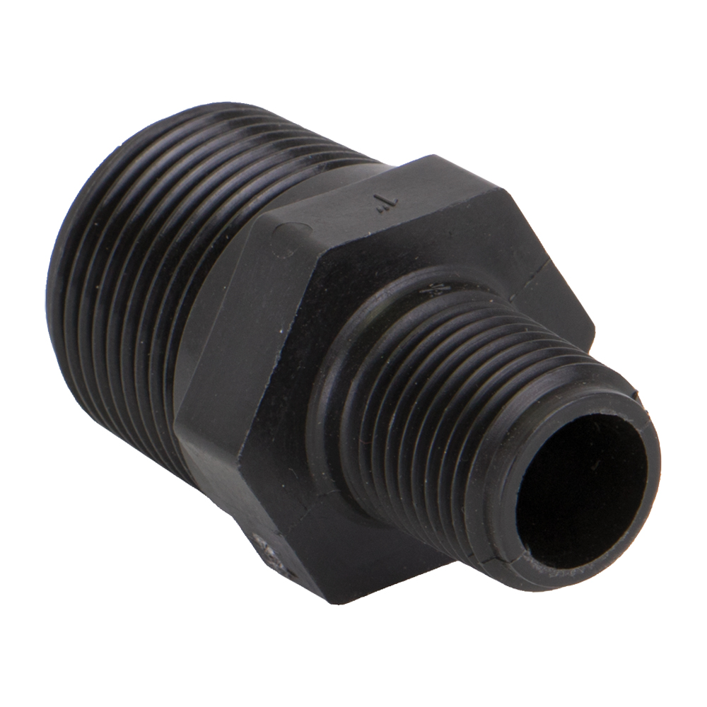 1" MNPT x 1/2" MNPT Banjo® Black Fiberglass-Reinforced Polypropylene Reducing Nipple