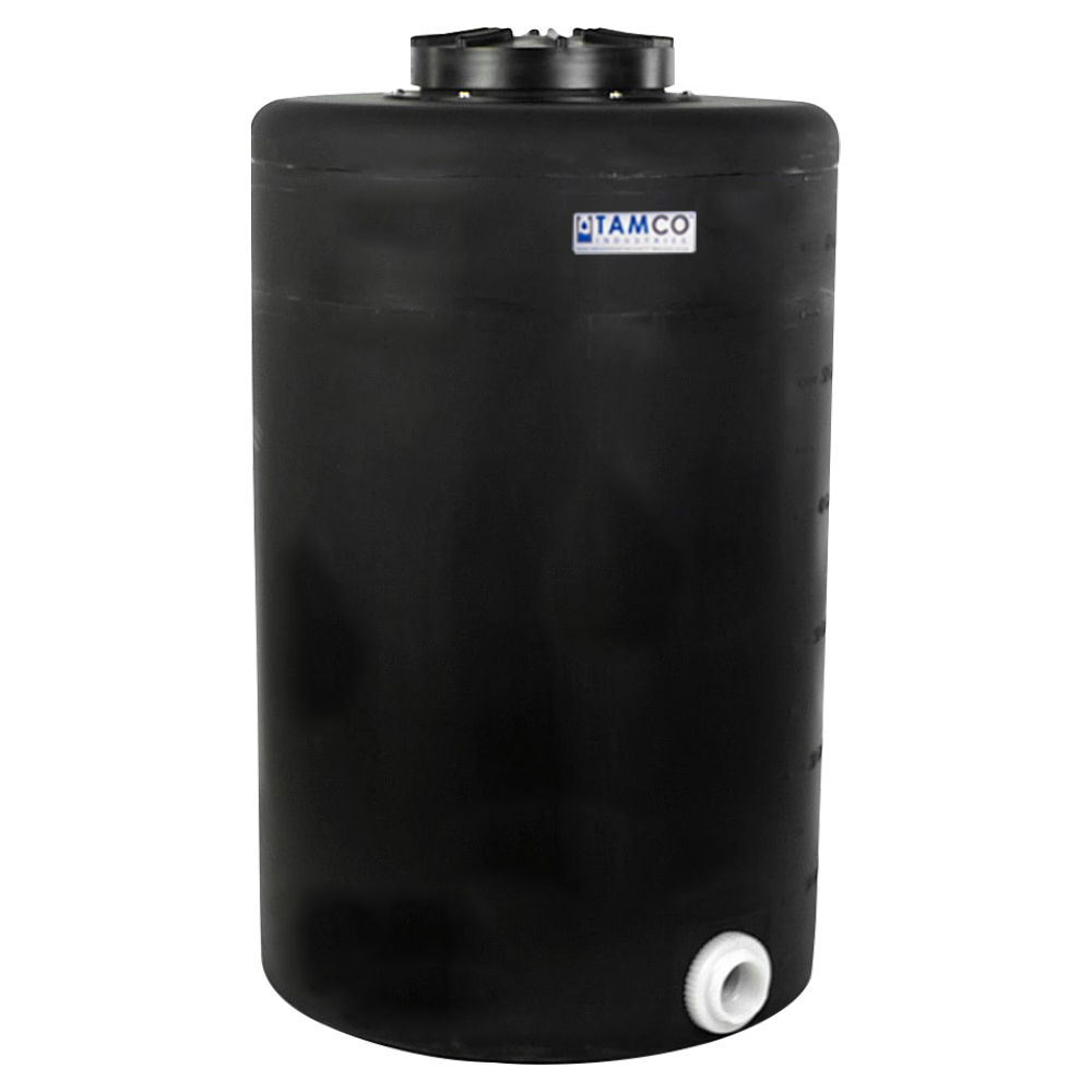 65 Gallon Tamco® Vertical Black PE Tank with 12-1/2" Lid & 2" Fitting - 24" Dia. x 39" High