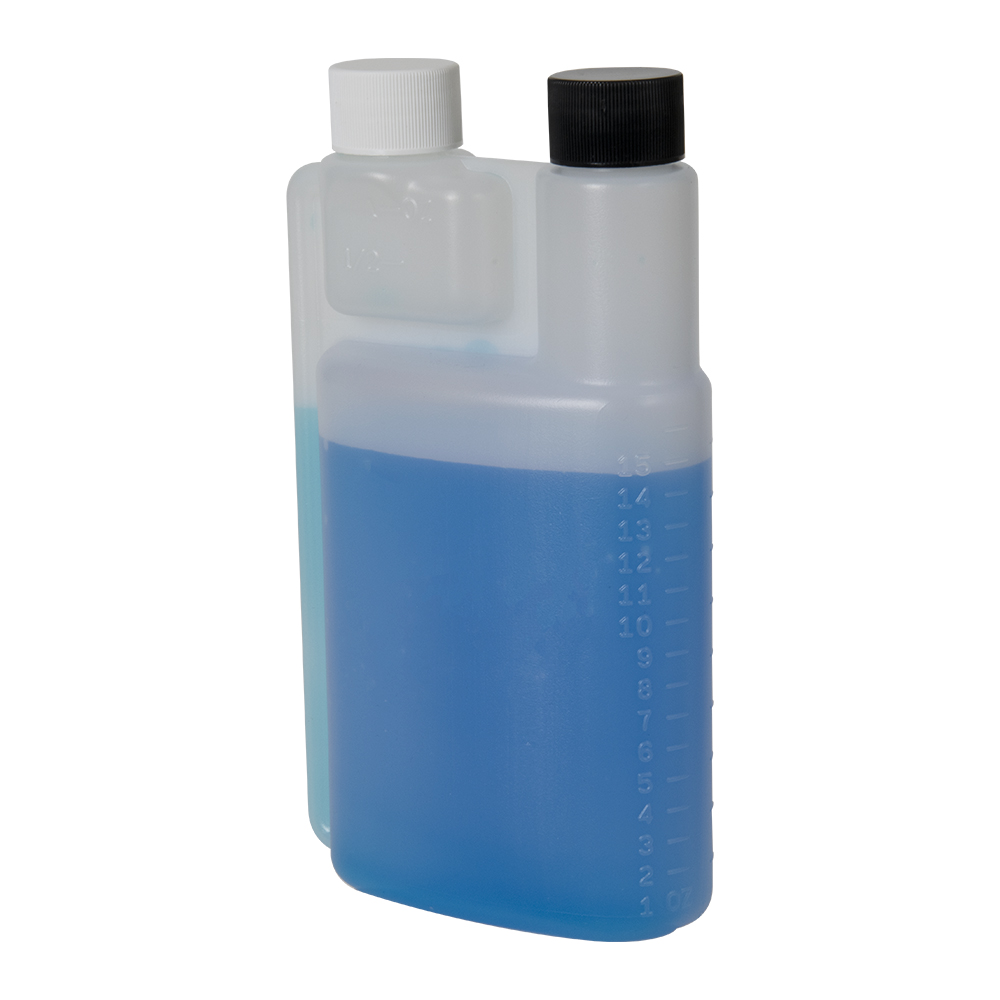 16 oz. Natural HDPE Bettix Bottle with 1/2 & 1 oz. Dispensing Chambers & (1 each) 28/410 Black & White Ribbed Caps with F217 Liner