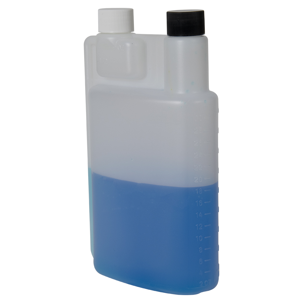 32 oz. Natural HDPE Bettix Bottle with 1/2 & 1 oz. Dispensing Chambers & (1 each) 28/410 Black & White Ribbed Caps with F217 Liner