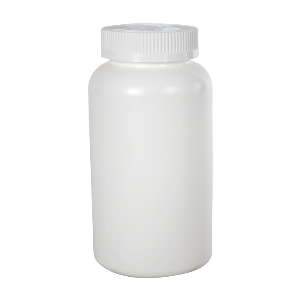 16.9 oz./500cc White HDPE Wide Mouth Packer Bottle with 53/400 White Ribbed CRC Cap with F217 Liner