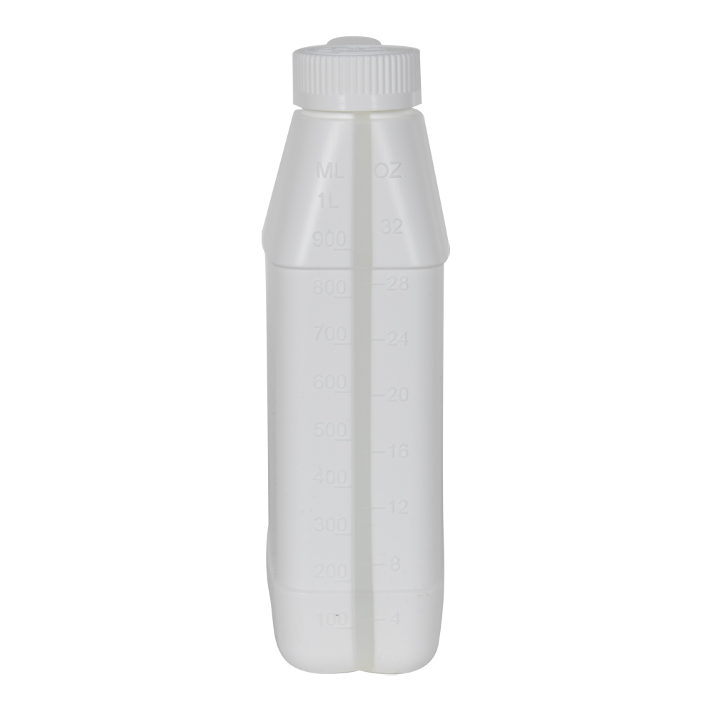 32 oz. White HDPE F-Style Jug with Window Strip & 33/400 White Polypropylene Ribbed CRC Cap with F217 Liner