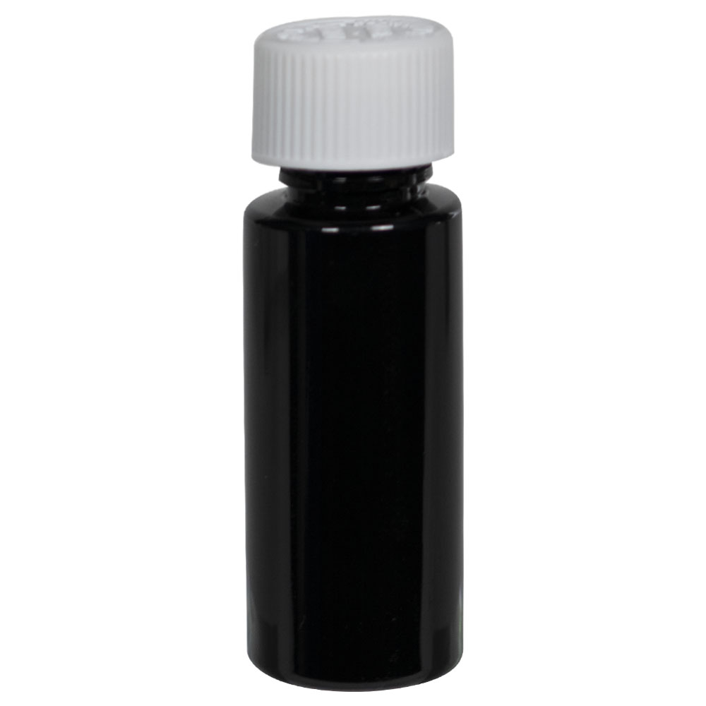 8 oz. Black PET Cylindrical Bottle with 24/400 White Ribbed CRC