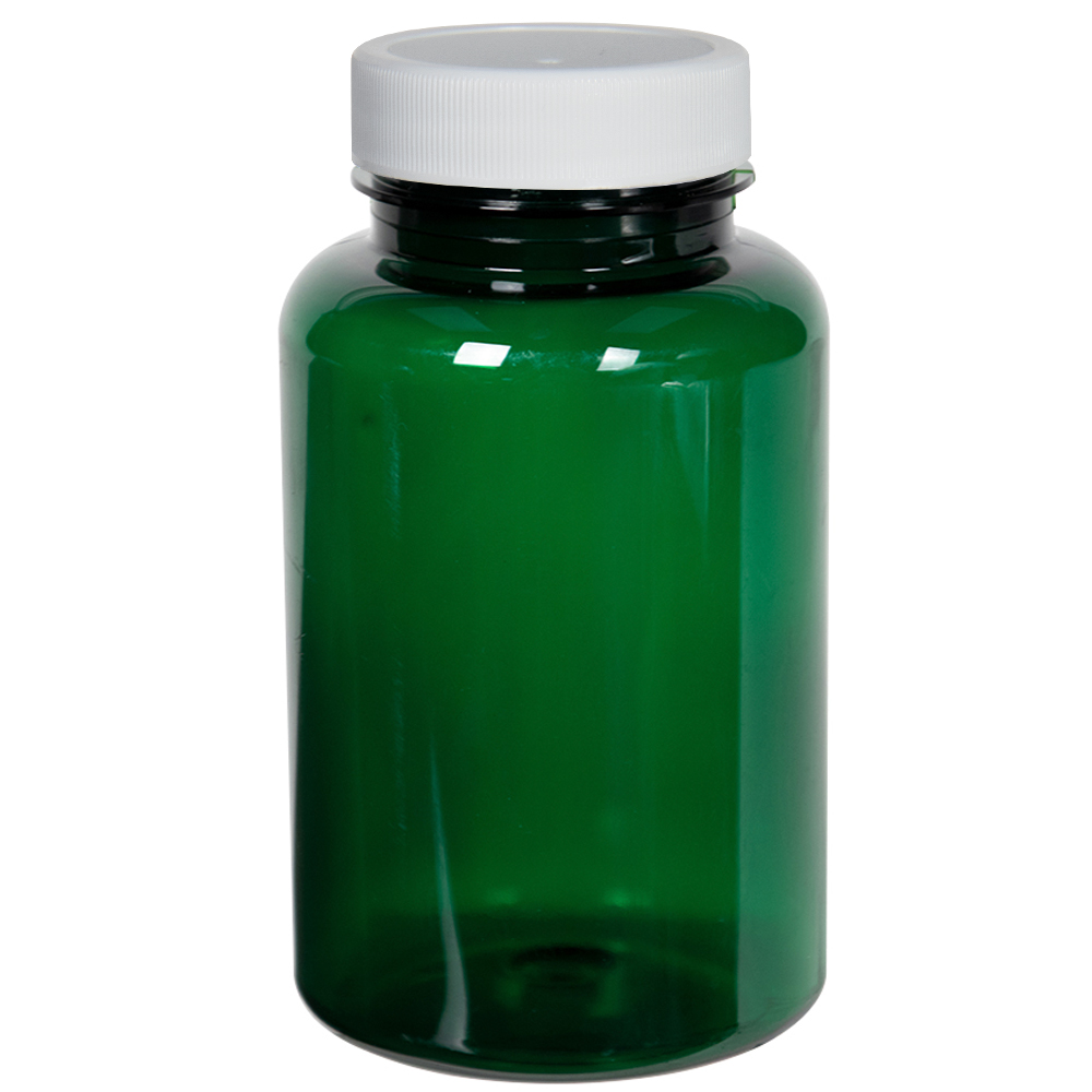 250cc Dark Green PET Packer Bottle with 45/400 White Ribbed Cap with F217 Liner