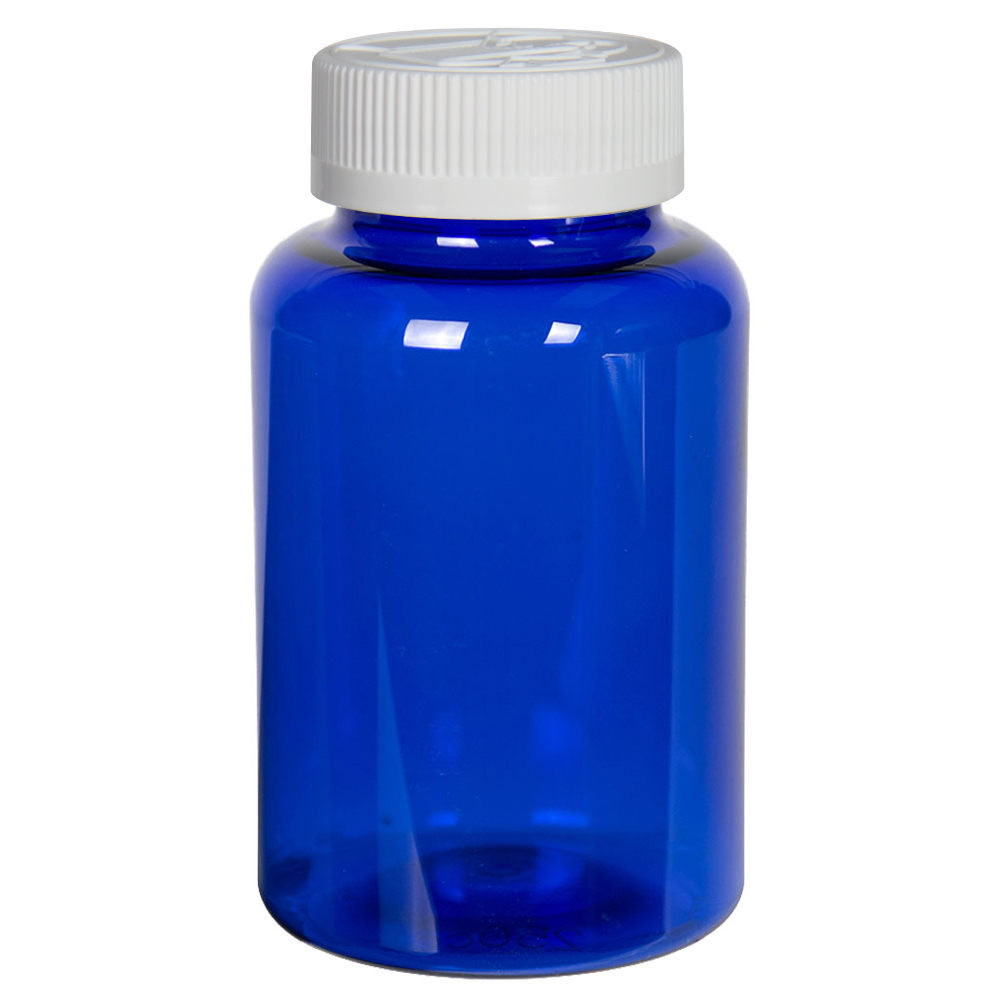 250cc Cobalt Blue PET Packer Bottle with 45/400 White Ribbed CRC Cap with F217 Liner