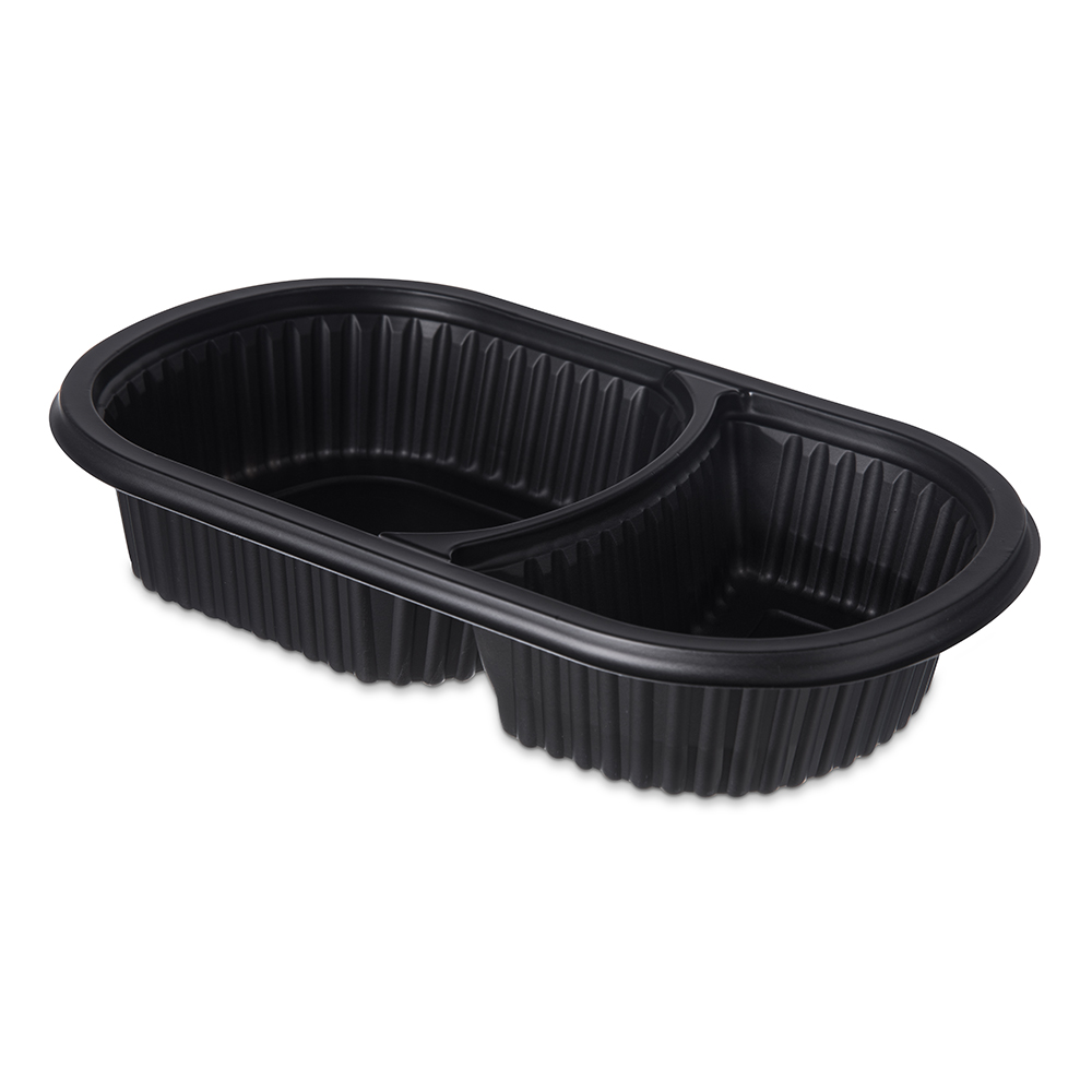 18/10 oz. 2 Compartment Black Polypropylene Proex Microwaveable Medium Entrée Container - Case of 250 (Lids Sold Separately)