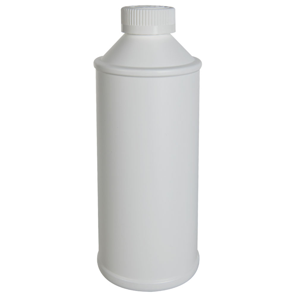 16 oz. Short Neck White HDPE Cone Top Bottle with 28/400 White Ribbed CRC Cap with F217 Liner