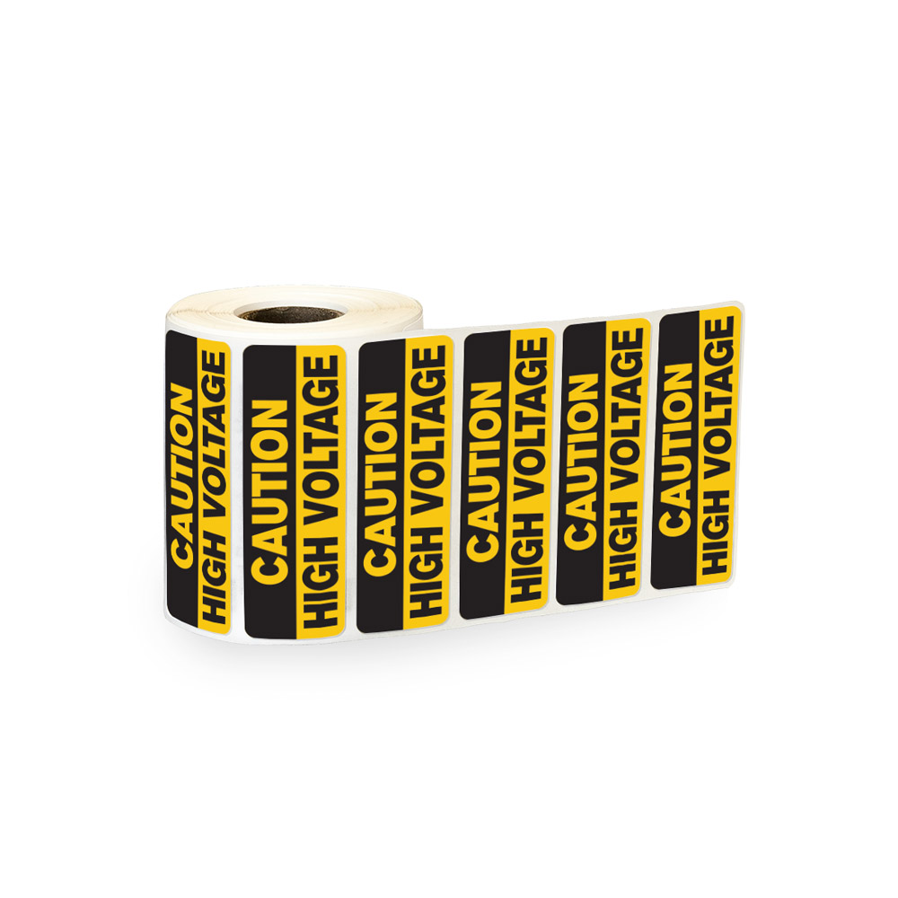 "Caution - High Voltage" Rectangular Paper Label with Black & Yellow Background & Font - 3" x 1"
