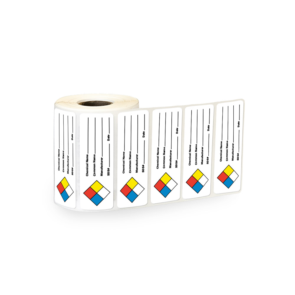 "Chemical Name __," "Common Name __," "Manufacturer __," "SDS # __" & "Date __" Rectangular Paper Write-On Label - 3" x 1"