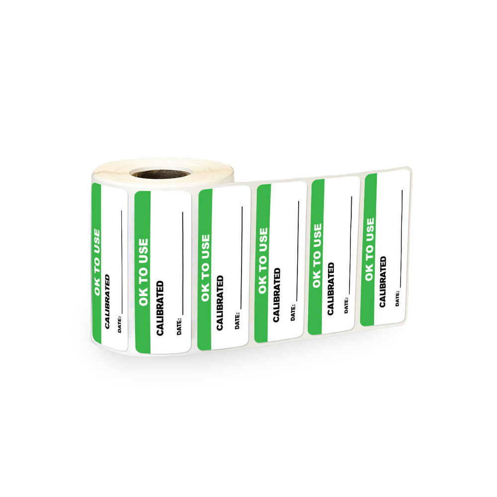 "OK to Use" with "Calibrated Date ____" Rectangular Paper Write-On Label with Green Header - 3" x 1"