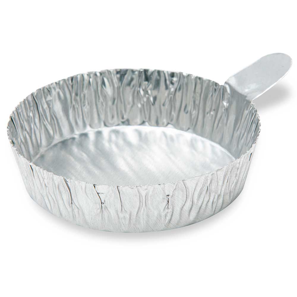 40mL Disposable Aluminum Crimped Round Weighing Dishes with Tab - 60mm Top Dia.