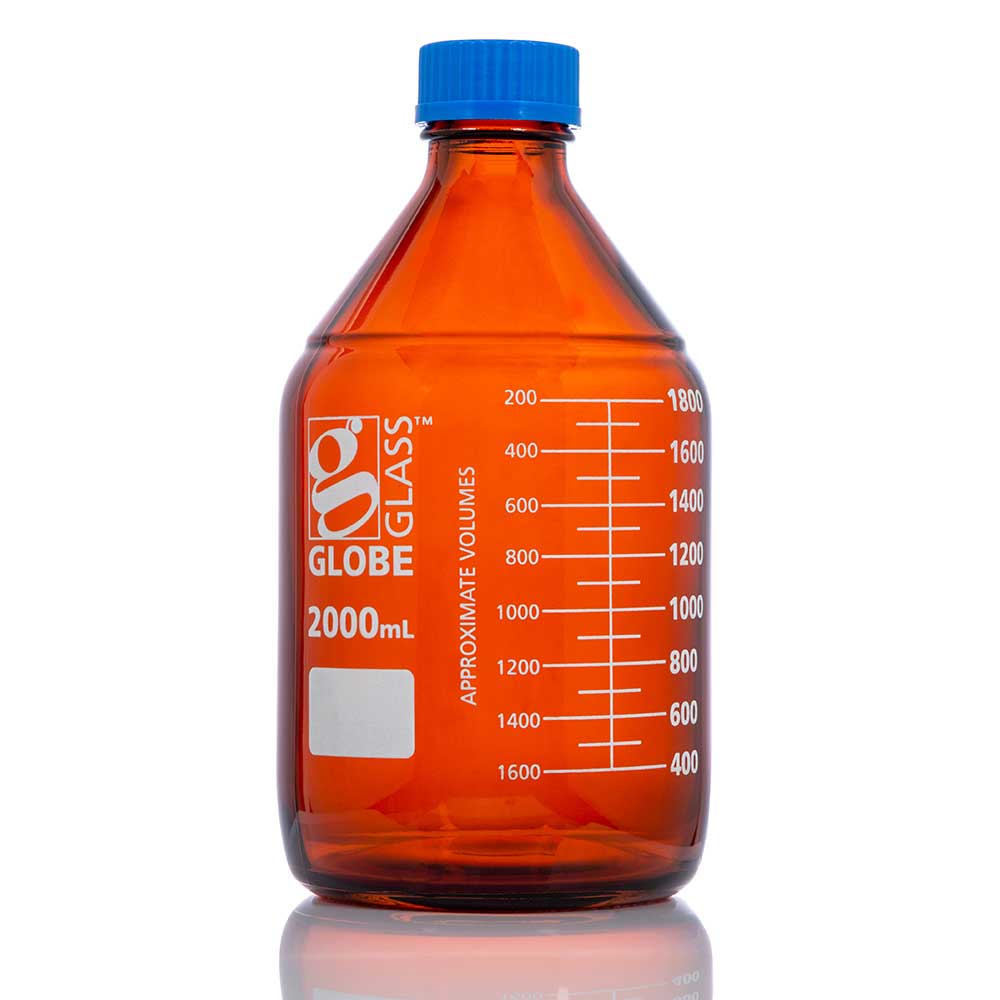 PUREGRIP® 3000mL Amber Reagent Graduated Glass Bottle With GL45 Screw Cap And Pouring Ring 2 Cs