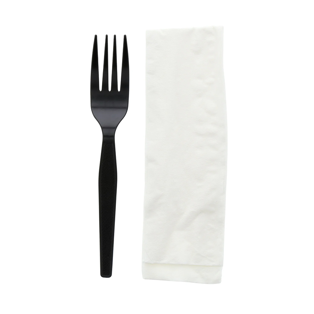 2-Piece Medium-Heavy Black Polystyrene Fork with Napkin Cutlery Set, Individually Wrapped - Case of 1000