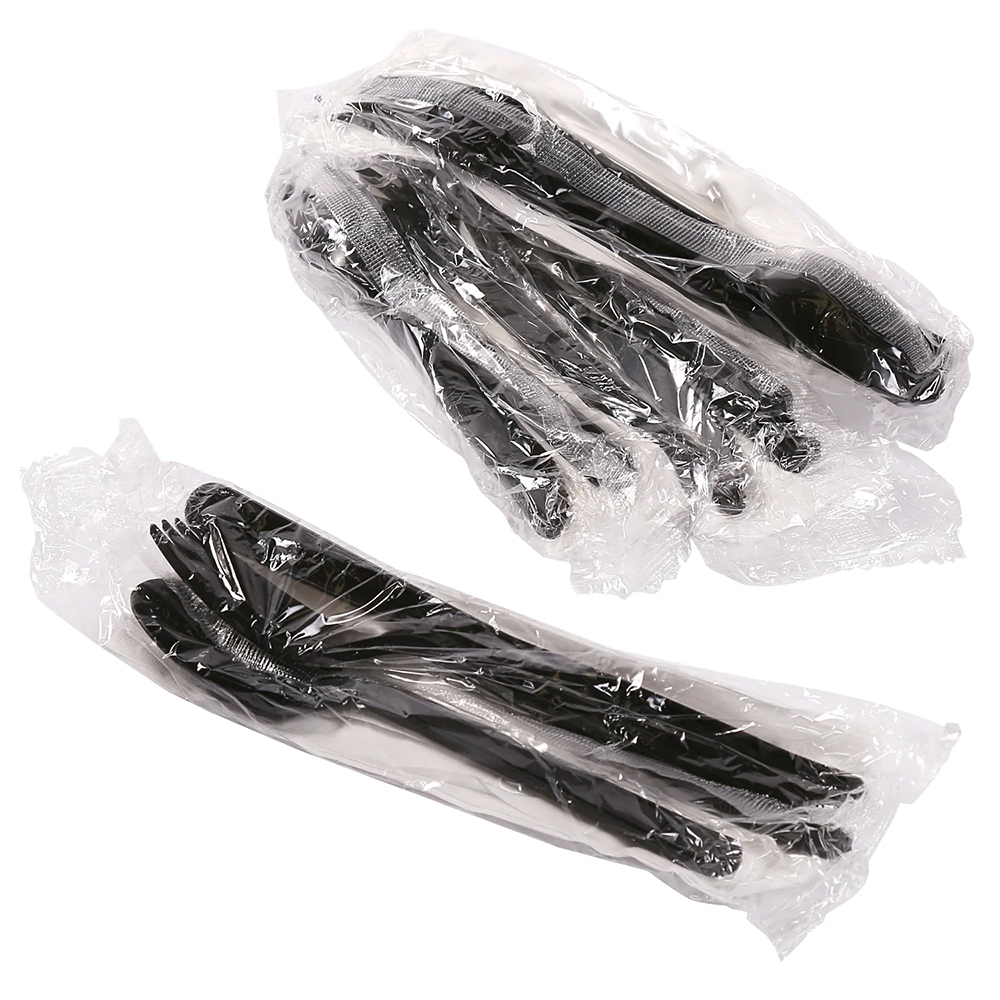 4-Piece Medium-Heavy Black Polypropylene Fork, Knife & Spoon with Napkin Cutlery Set, Individually Wrapped - Case of 500