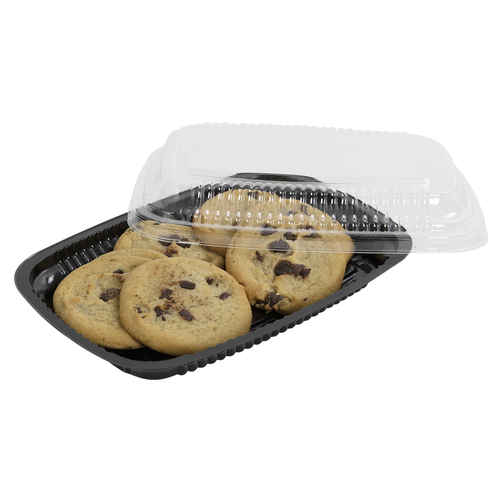 Large Black Polystyrene Food Display Tray with Clear Lid Case of 250