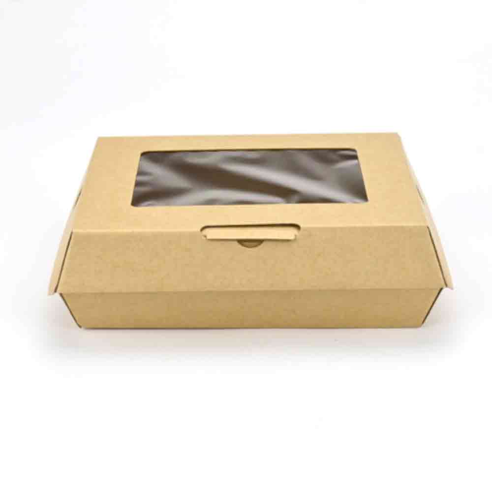 Large Rectangular Kraft Paper Clamshell Food Container with Window - Case of 200