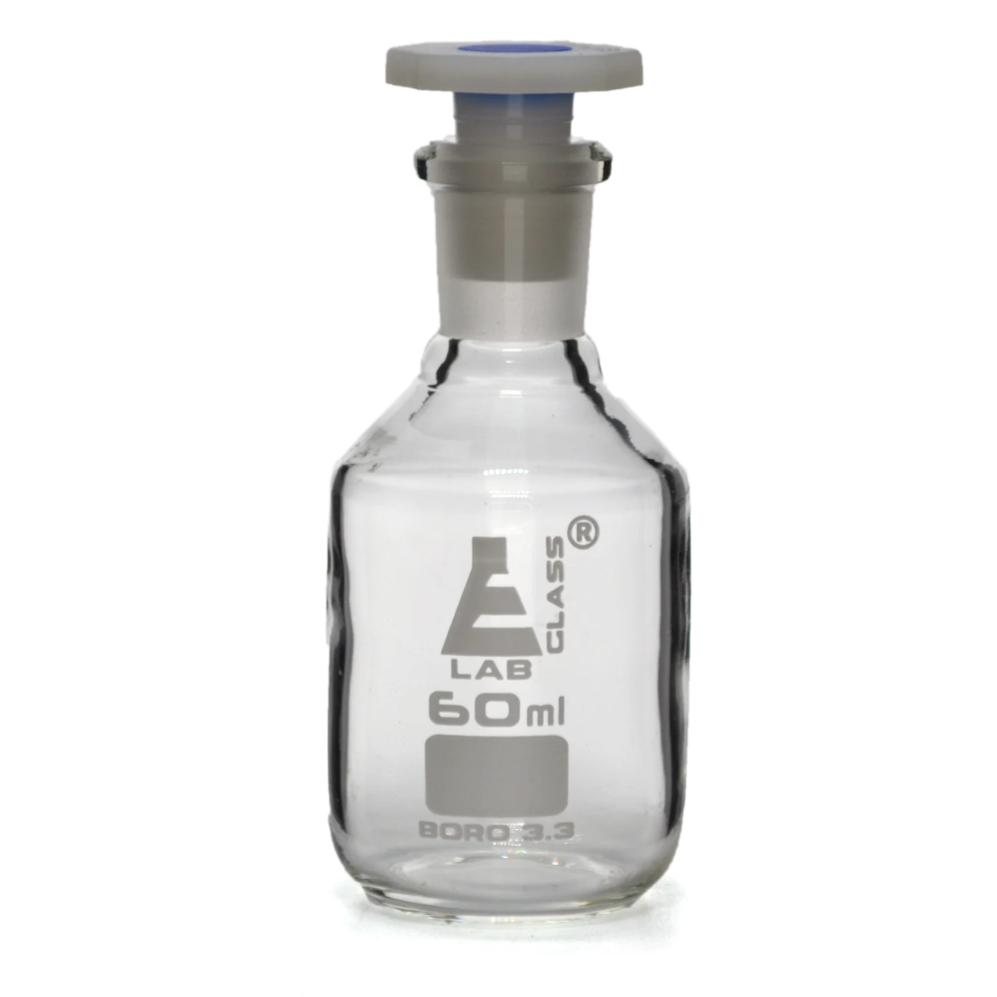 60mL Clear Glass Reagent Bottle with 14/23 Acid-Proof Polypropylene Stopper - Case of 6