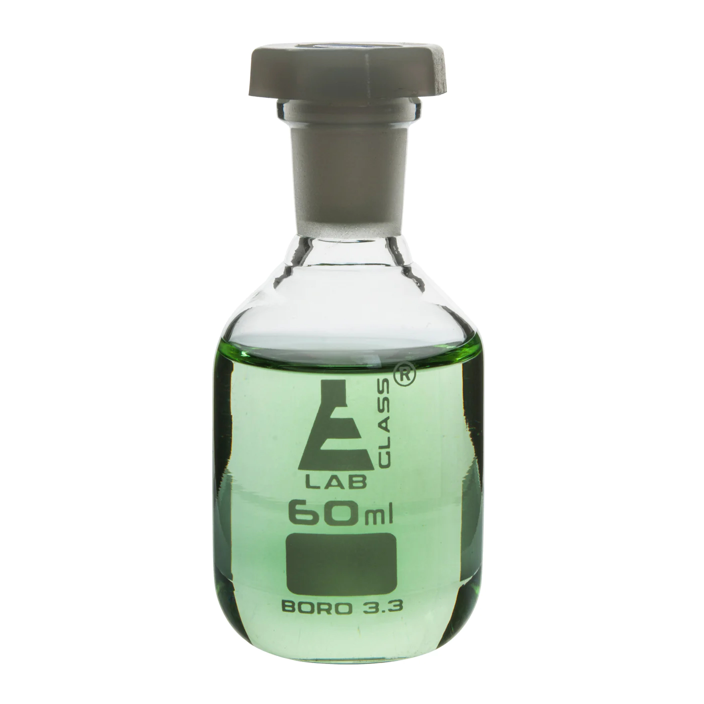 60mL Clear Glass Reagent Bottle with 14/23 Acid-Proof Polypropylene Stopper - Case of 6