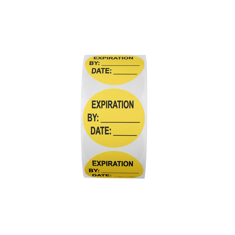 "Expiration" with "By __" & "Date __" Round Paper Write-On Label with Yellow Background - 2" Dia.
