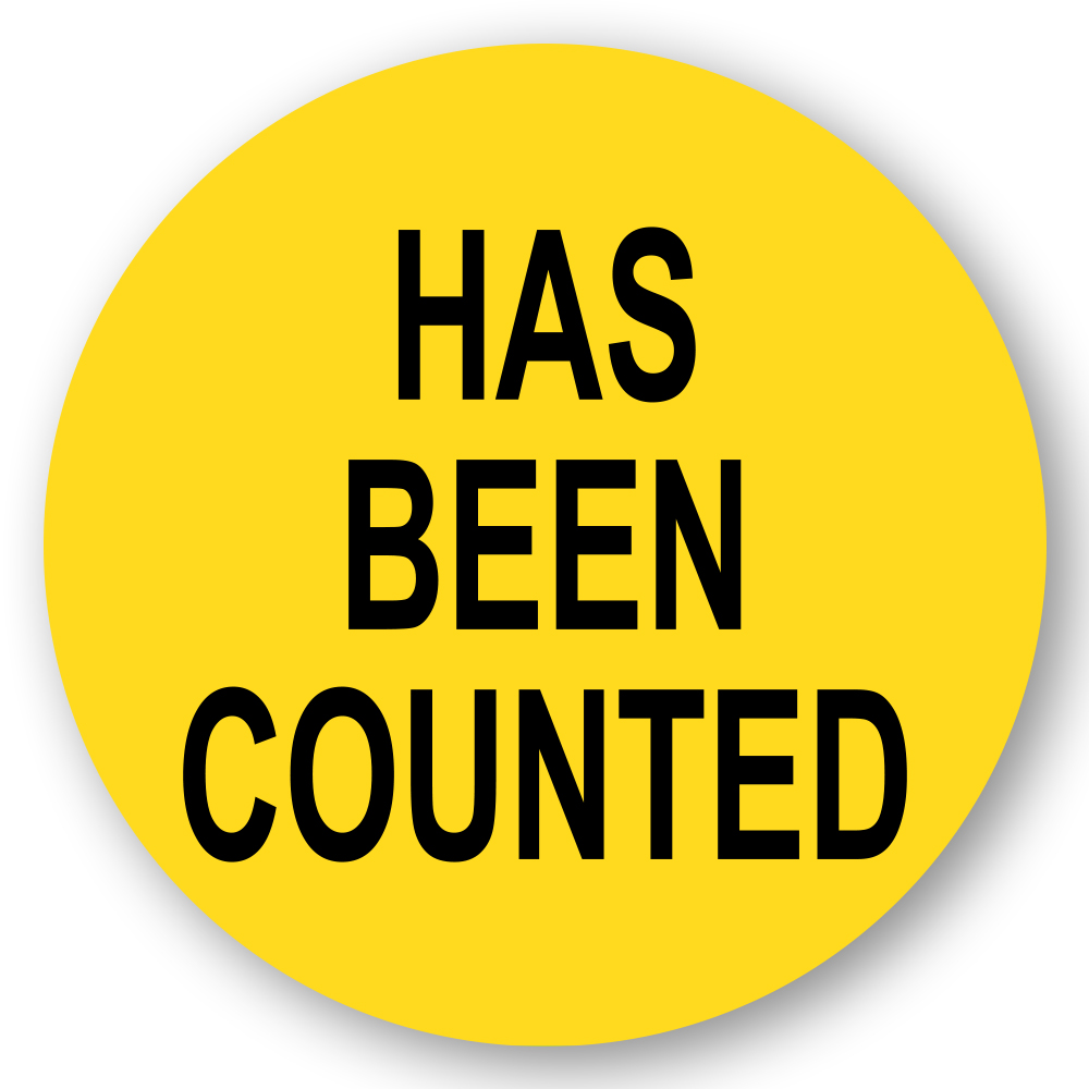 "Has Been Counted" Round Paper Label with Yellow Background - 2" Dia.