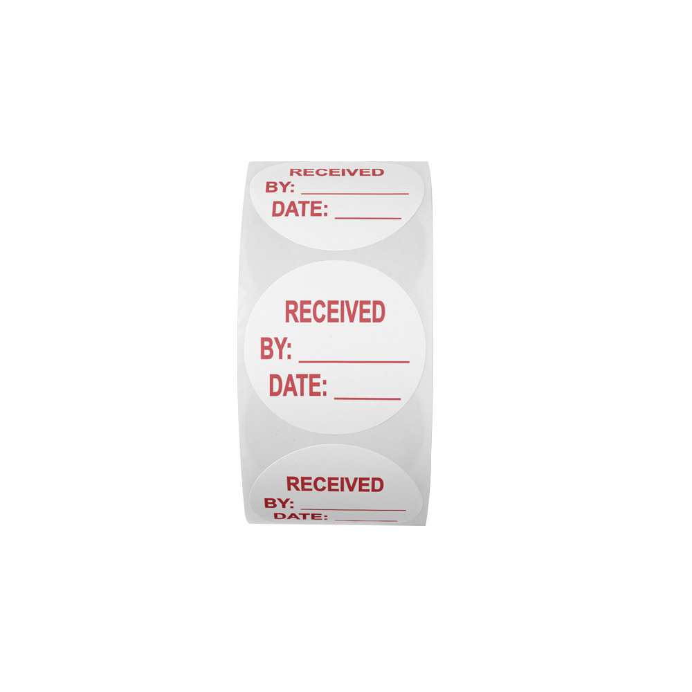 "Received" with "By __" & "Date __" Round Paper Write-On Label with Red Font - 2" Dia.