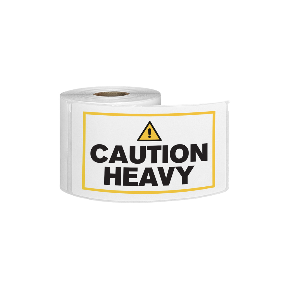 "Caution - Heavy" Horizontal Rectangular Paper Label with Symbol & Yellow Border - 3" x 5"