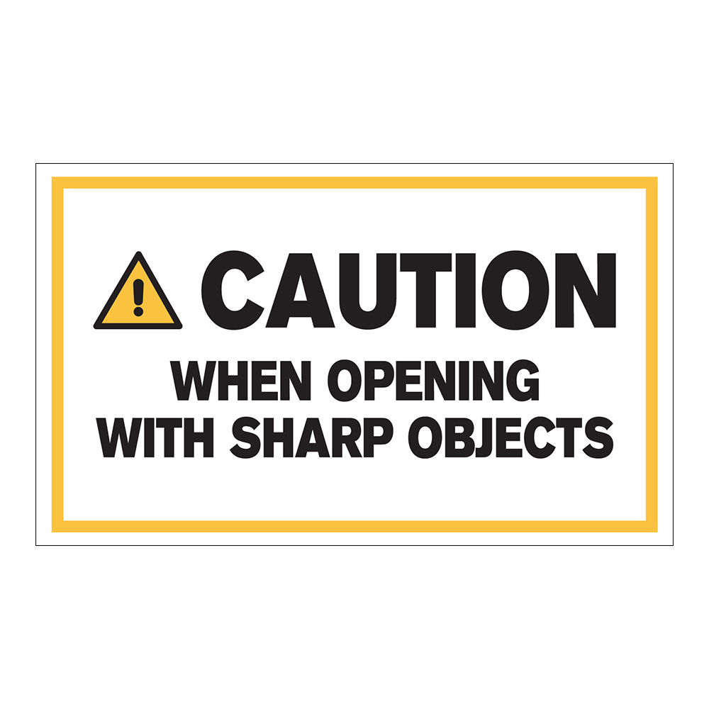 "Caution When Opening with Sharp Objects" Horizontal Rectangular Paper Label with Symbol & Yellow Border - 3" x 5"