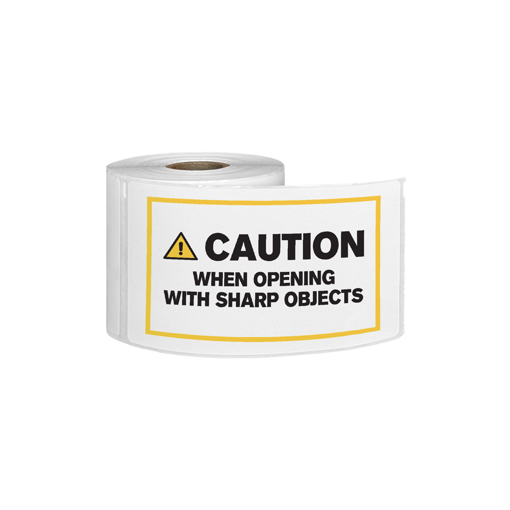 "Caution When Opening with Sharp Objects" Horizontal Rectangular Paper Label with Symbol & Yellow Border - 3" x 5"