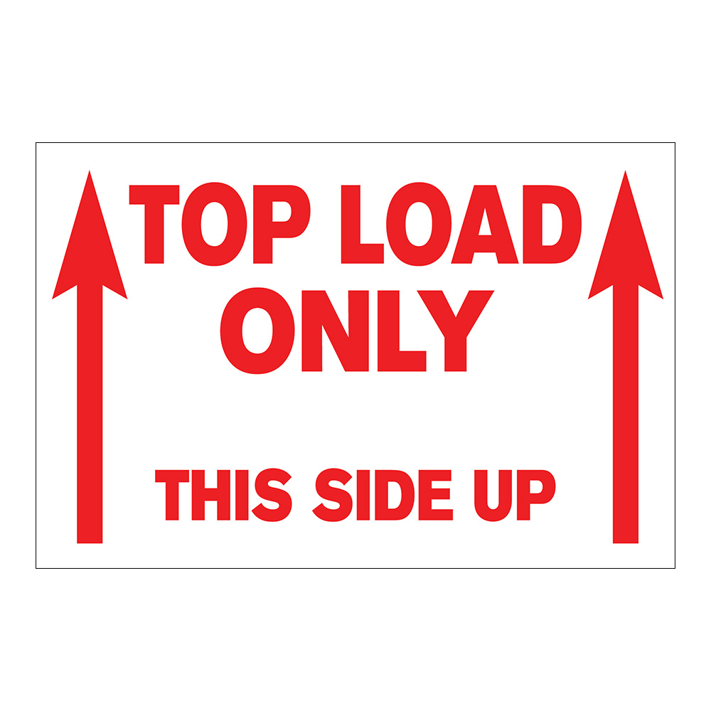 "Top Load Only - This Side Up" Horizontal Rectangular Paper Label with Red Arrows & Font - 4" x 6"