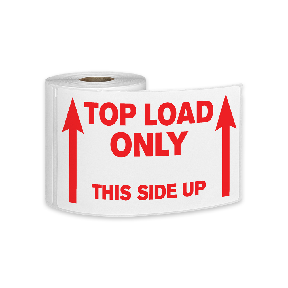 "Top Load Only - This Side Up" Horizontal Rectangular Paper Label with Red Arrows & Font - 4" x 6"