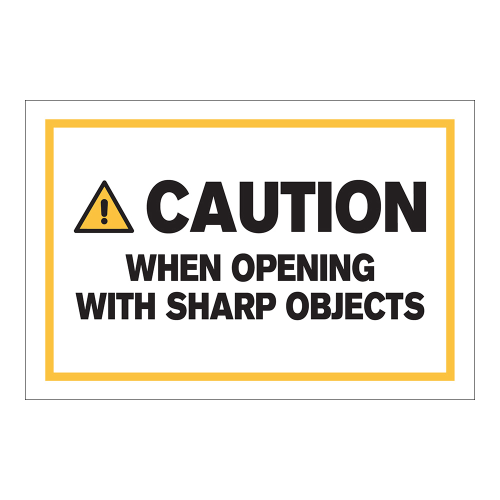 "Caution When Opening with Sharp Objects" Horizontal Rectangular Paper Label with Symbol & Yellow Border - 4" x 6"