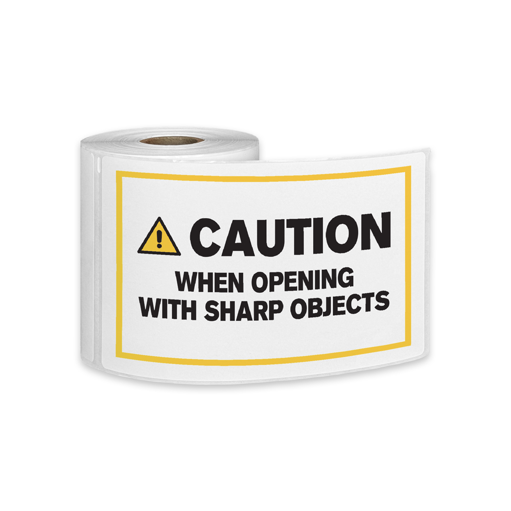 "Caution When Opening with Sharp Objects" Horizontal Rectangular Paper Label with Symbol & Yellow Border - 4" x 6"