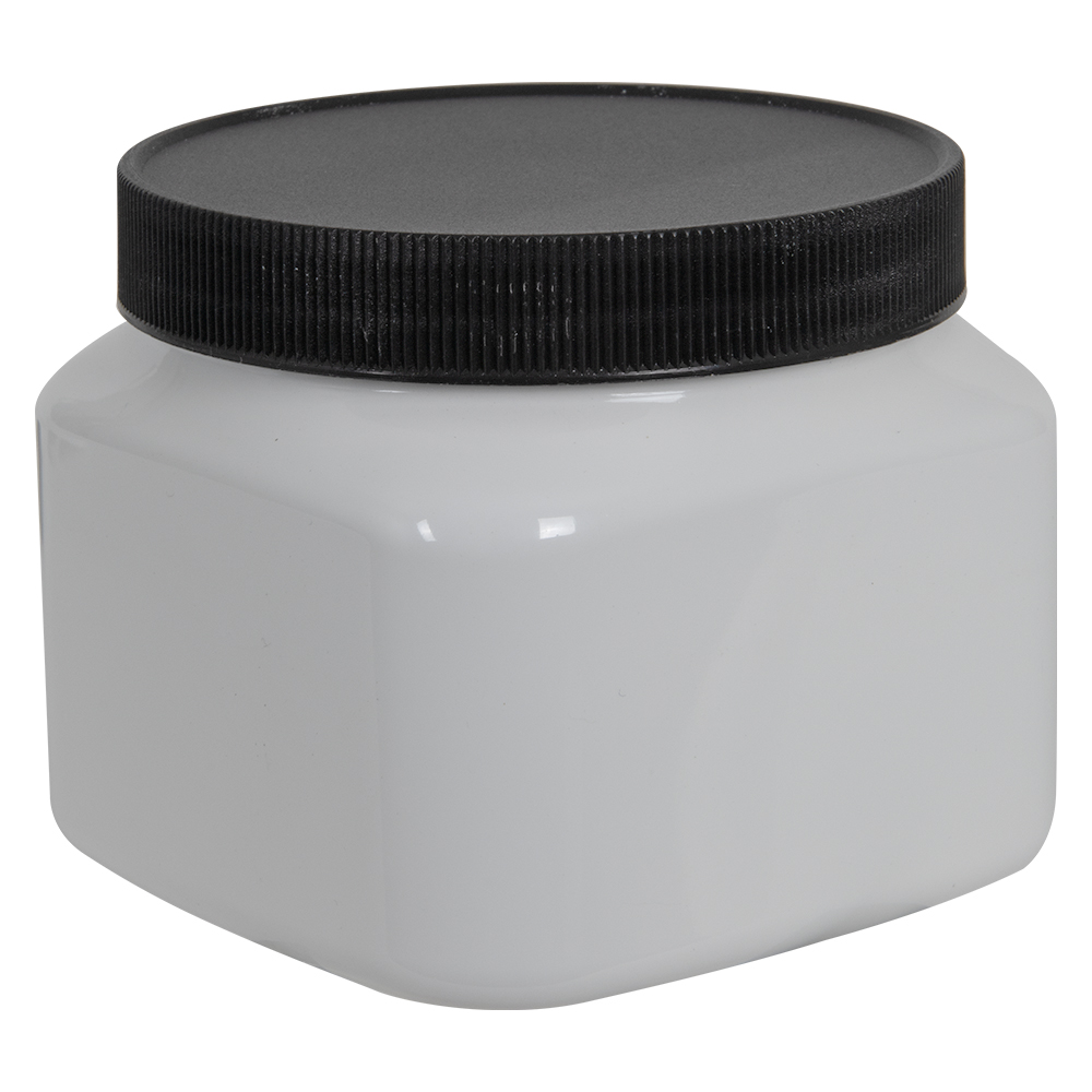 16 oz. White PET Firenze Square Jar with 89/400 Black Ribbed Cap with F217 Liner
