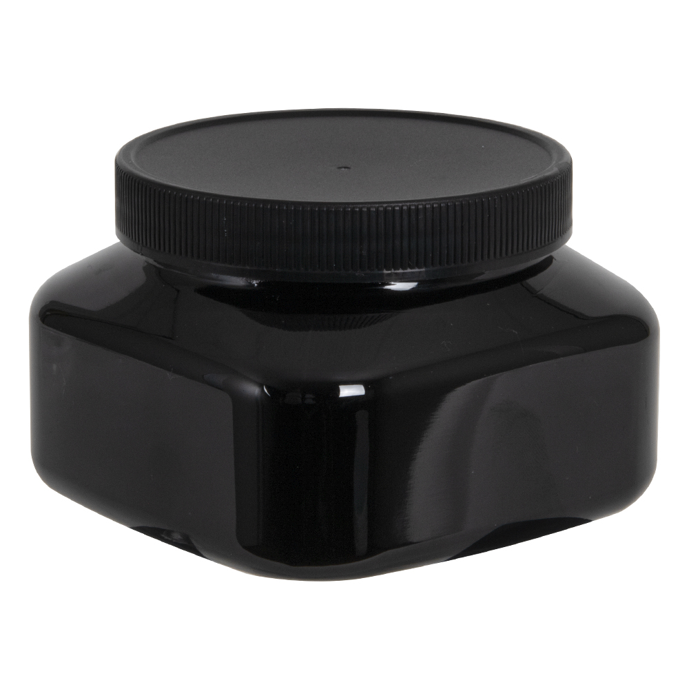 8 oz. Black PET Firenze Square Jar with 70/400 Black Ribbed Cap with F217 Liner