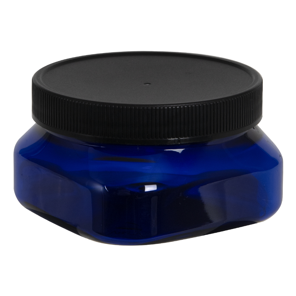 4 oz. Cobalt Blue PET Firenze Square Jar with 70/400 Black Ribbed Cap with F217 Liner