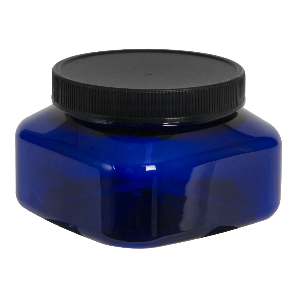 8 oz. Cobalt Blue PET Firenze Square Jar with 70/400 Black Ribbed Cap with F217 Liner