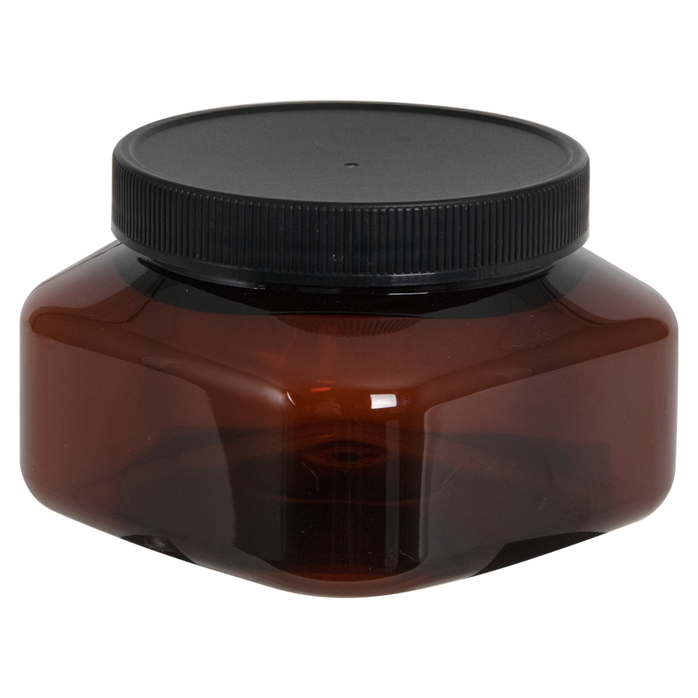 8 oz. Light Amber PET Firenze Square Jar with 70/400 Black Ribbed Cap with F217 Liner