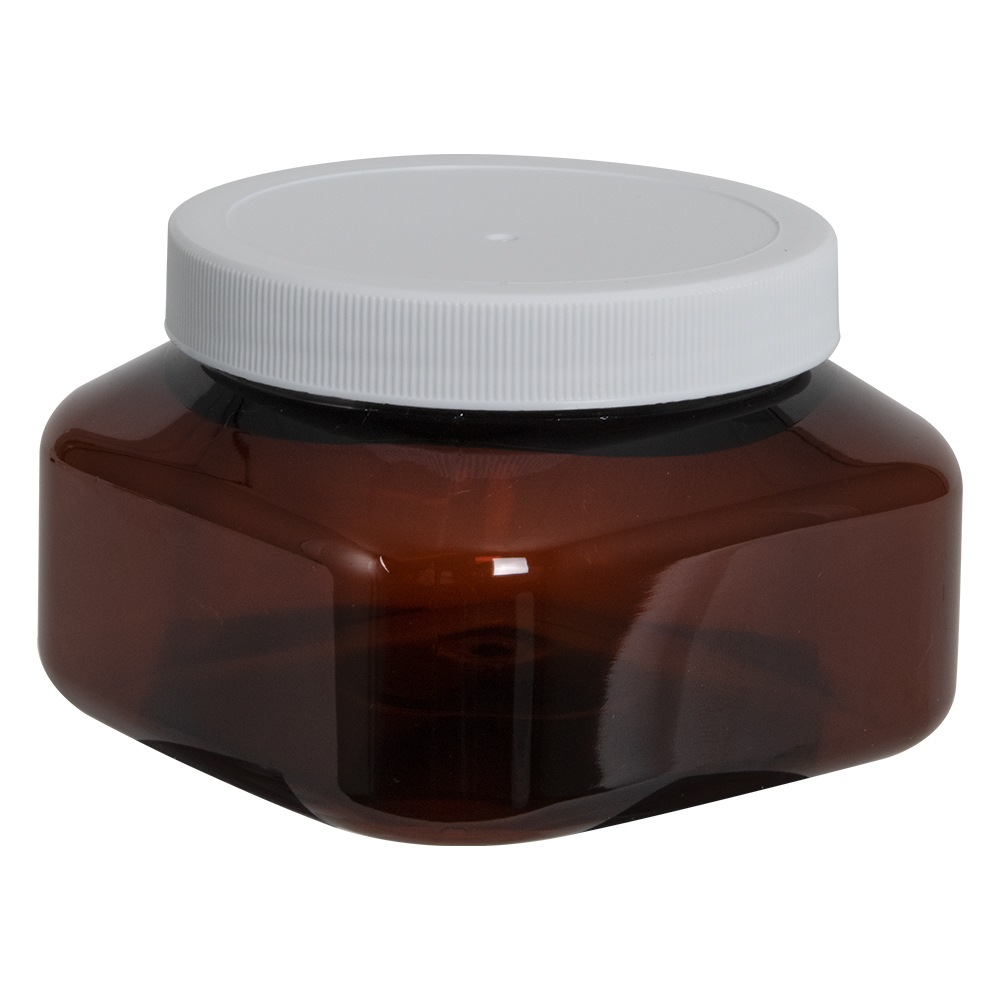 8 oz. Light Amber PET Firenze Square Jar with 70/400 White Ribbed Cap with F217 Liner