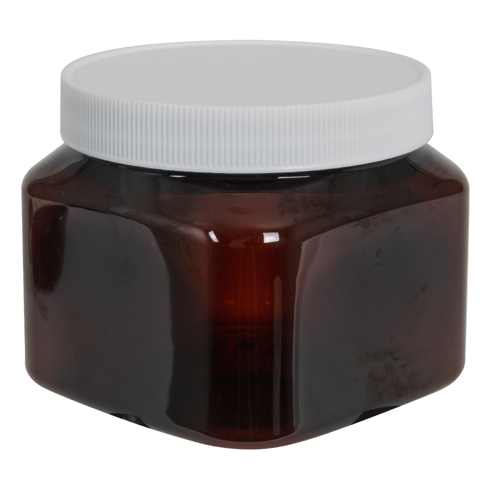 16 oz. Light Amber PET Firenze Square Jar with 89/400 White Ribbed Cap with F217 Liner