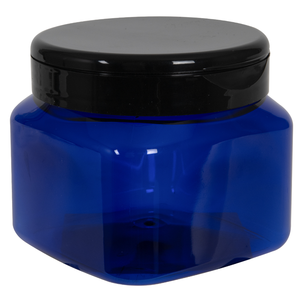 16 oz. Cobalt Blue PET Firenze Square Jar with 89/400 Black Snap-Top Cap