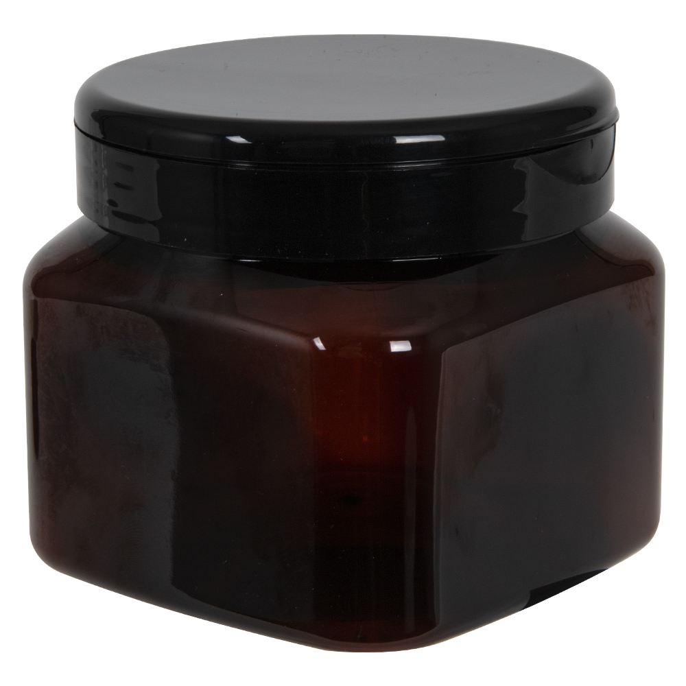 16 oz. Light Amber PET Firenze Square Jar with 89/400 Black Snap-Top Cap