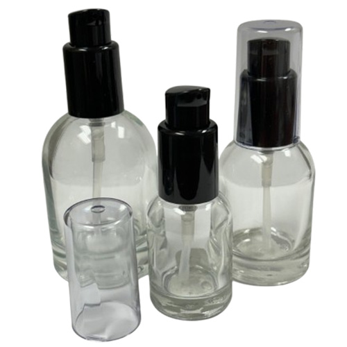 Round & Square Glass Bottles with Denali Treatment Pumps with Tall Smooth Collars & Overcaps