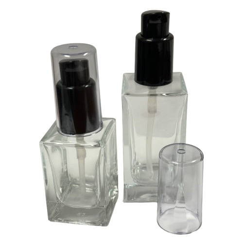 Round & Square Glass Bottles with Denali Treatment Pumps with Tall Smooth Collars & Overcaps