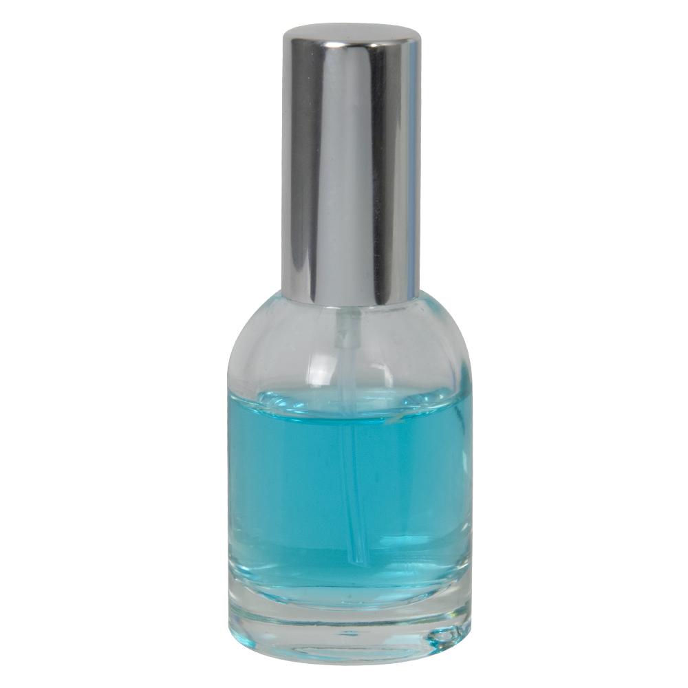 50mL Clear Begonia Dome Round Glass Bottle with 18/415 Silver Metal Finger Sprayer with Swirl Collar & Overcap