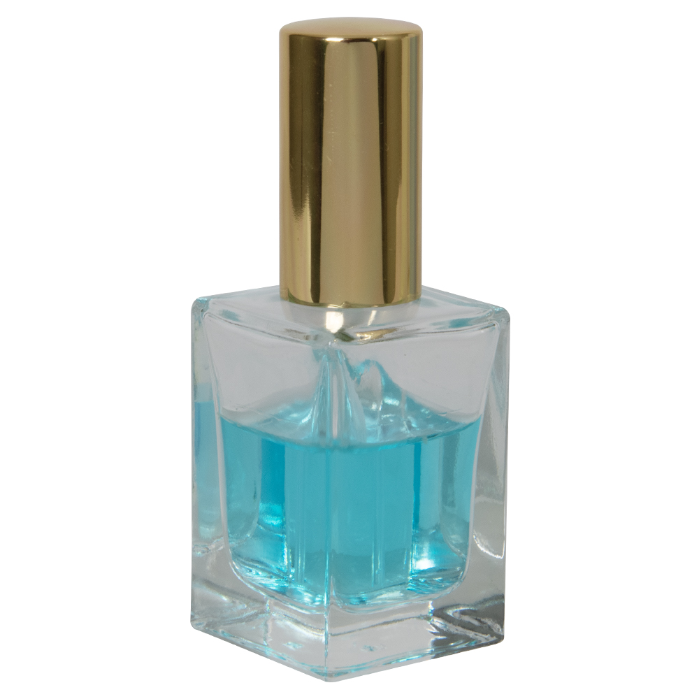 30mL Clear Square Glass Bottle with 18/415 Gold Metal Finger Sprayer with Swirl Collar & Overcap