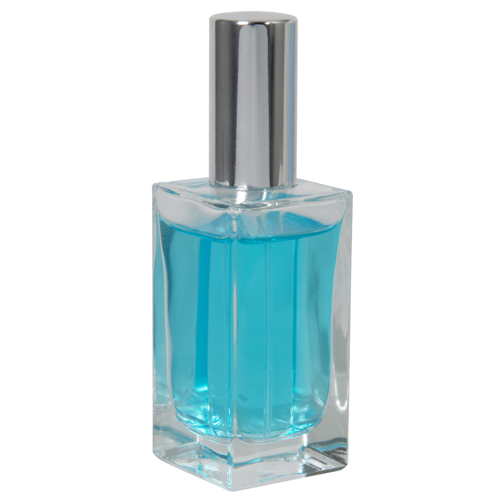 50mL Clear Square Glass Bottle with 18/415 Silver Metal Finger Sprayer with Swirl Collar & Overcap